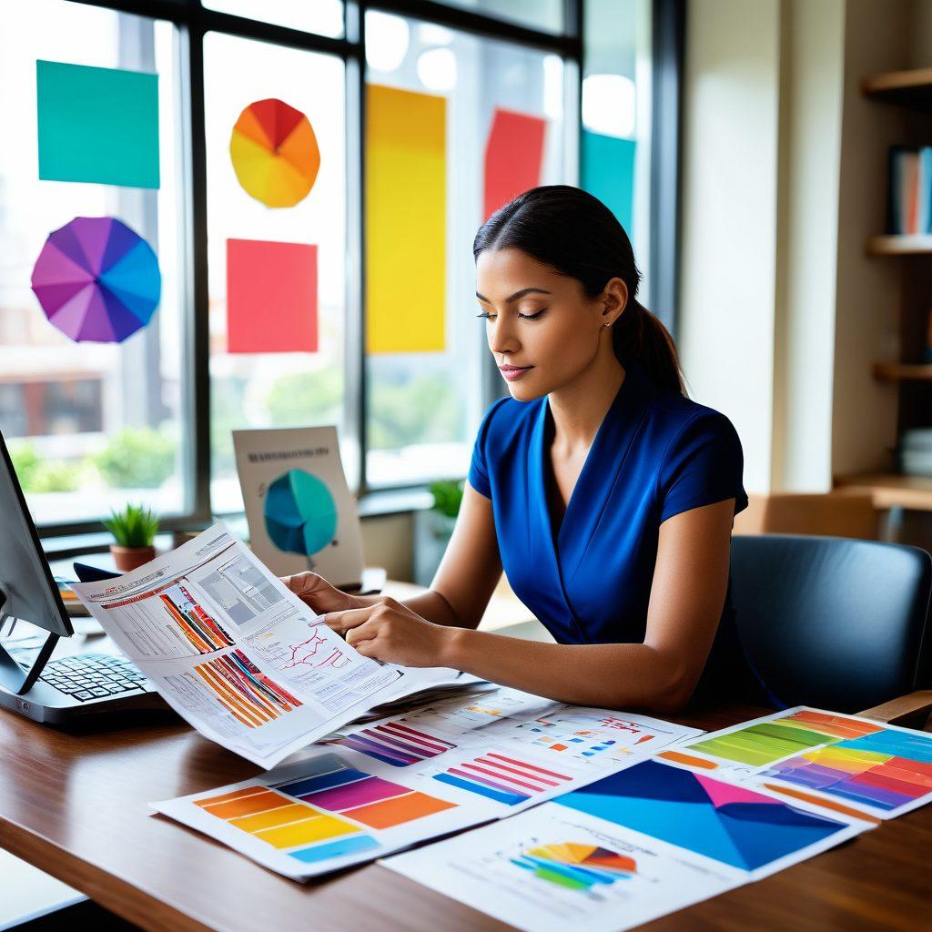 A confident individual reviewing various insurance brochures at a stylish desk, surrounded by charts and calculators, depicting thoughtful decision-making. Incorporate elements of security such as a shield or umbrella in the background to symbolize protection. Use a modern, bright office setting with natural light filtering through the window, capturing a sense of clarity and focus. super-realistic. vibrant colors. 3D.