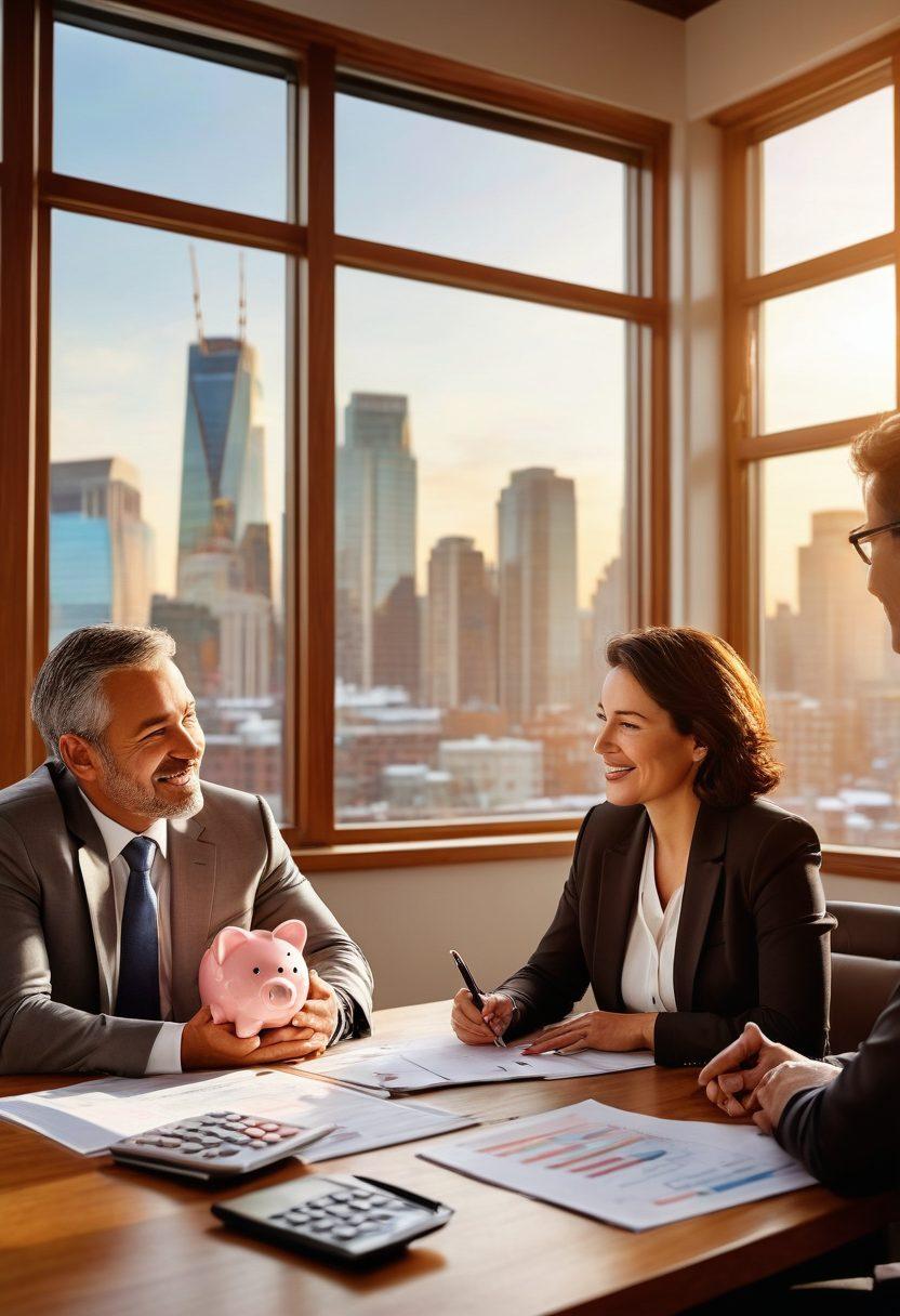 A serene financial advisor discussing with a diverse group of individuals in a cozy office setting, surrounded by charts and insurance policy documents. The backdrop features a large window showcasing a prosperous city skyline, symbolizing financial security. Include visual elements like a piggy bank, calculator, and a ‘security’ shield to represent insurance essentials. Warm lighting to evoke a feeling of trust and reassurance. super-realistic. vibrant colors. cozy atmosphere.